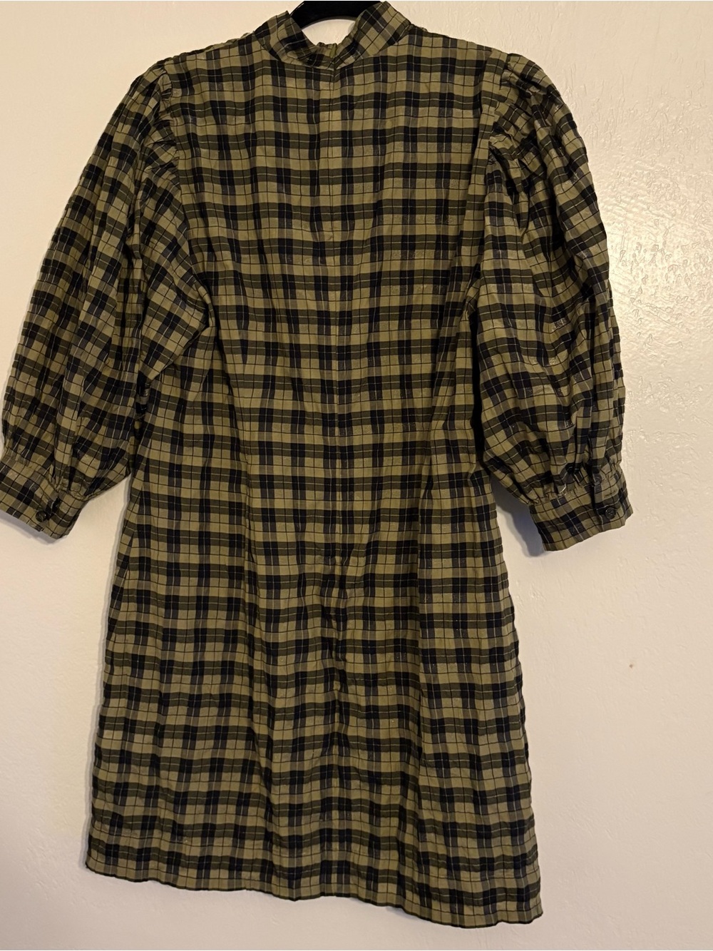 Ganni Olive Green and Black Plaid High-Neck Dress - Picture 4 of 6